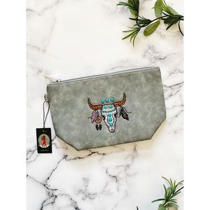 Longhorn Embroidered Turquoise Studded Western Travel Gray Cosmetic Bag NWT